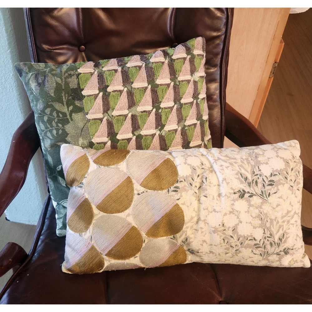 West Elm Embroidered Geometric Patchwork Linen & Cotton  Boho Throw Pillow Set